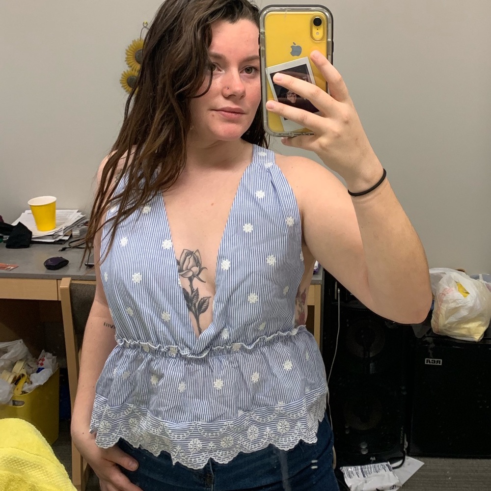 Blue vneck ruffle tank top